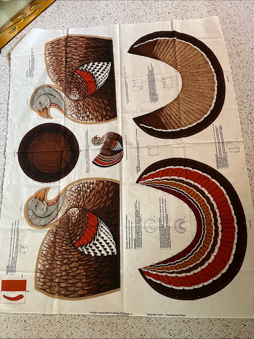 Turkey Tabletop Textile Panel with Brown and Rust Feathers   Cut and Sew